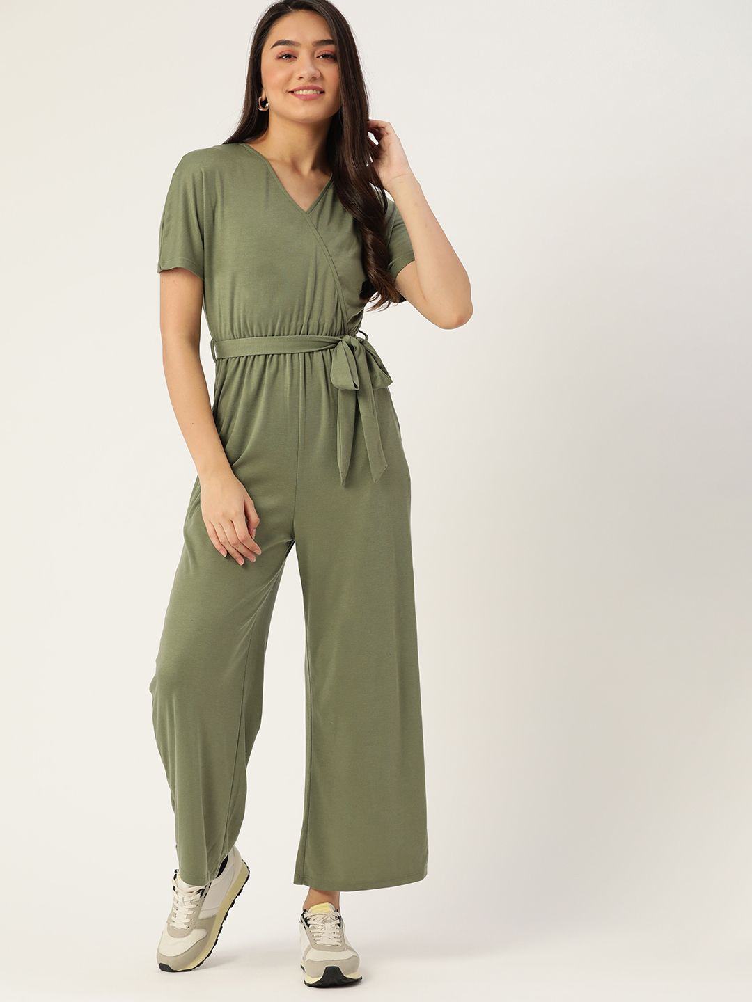 DressBerry Olive Green Solid Belted Jumpsuit Price in India