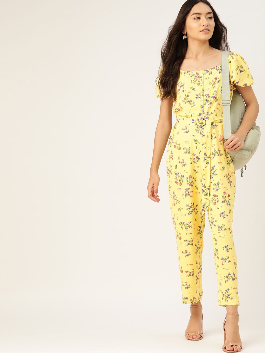 DressBerry Yellow & Pink Floral Printed Basic Jumpsuit Price in India