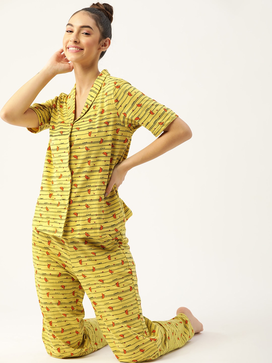 DressBerry Women Yellow & Rust Orange Printed Pyjama Set Price in India