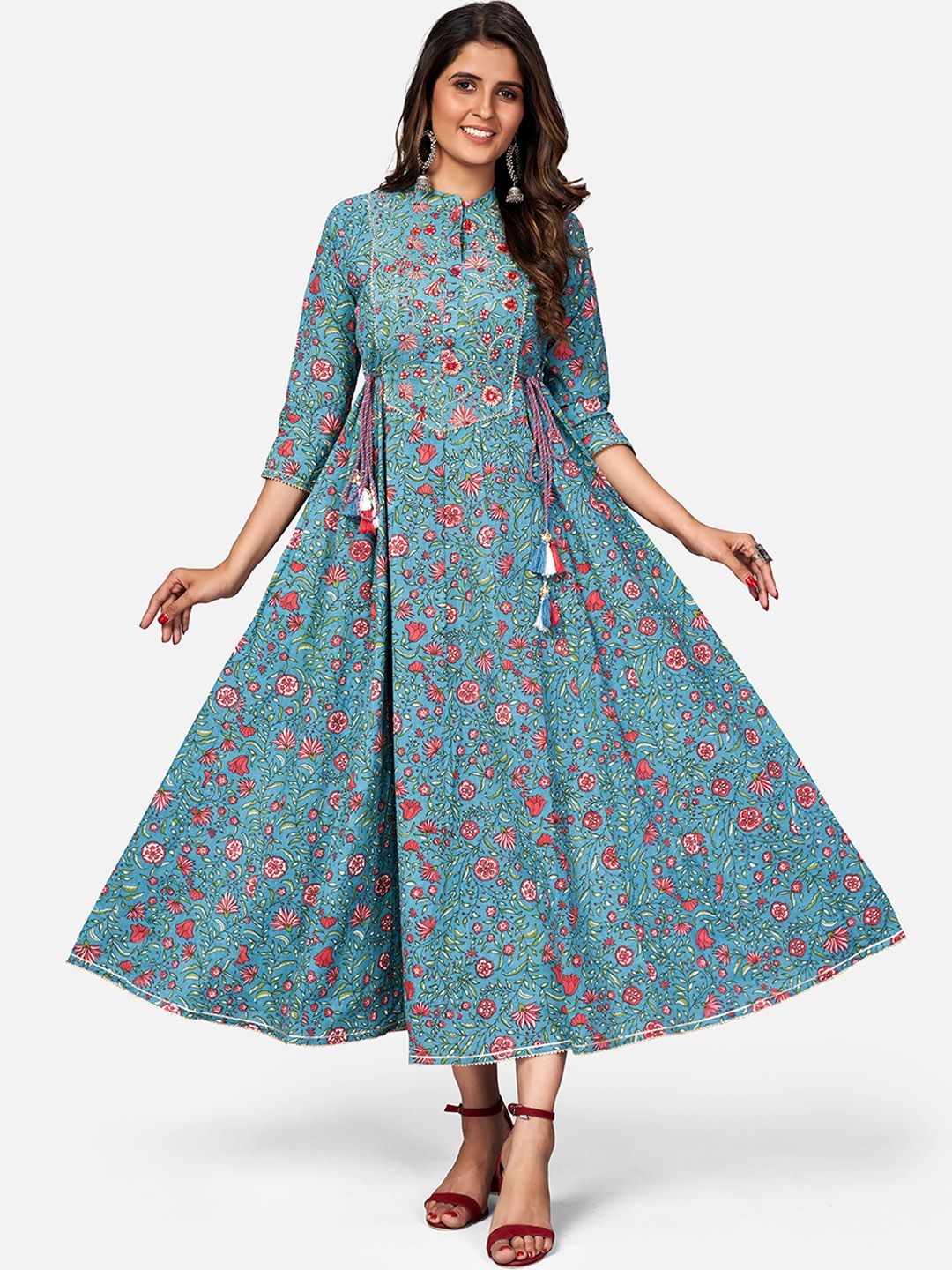 Vbuyz Women Turquoise Blue Floral Printed Anarkali Kurta Price in India