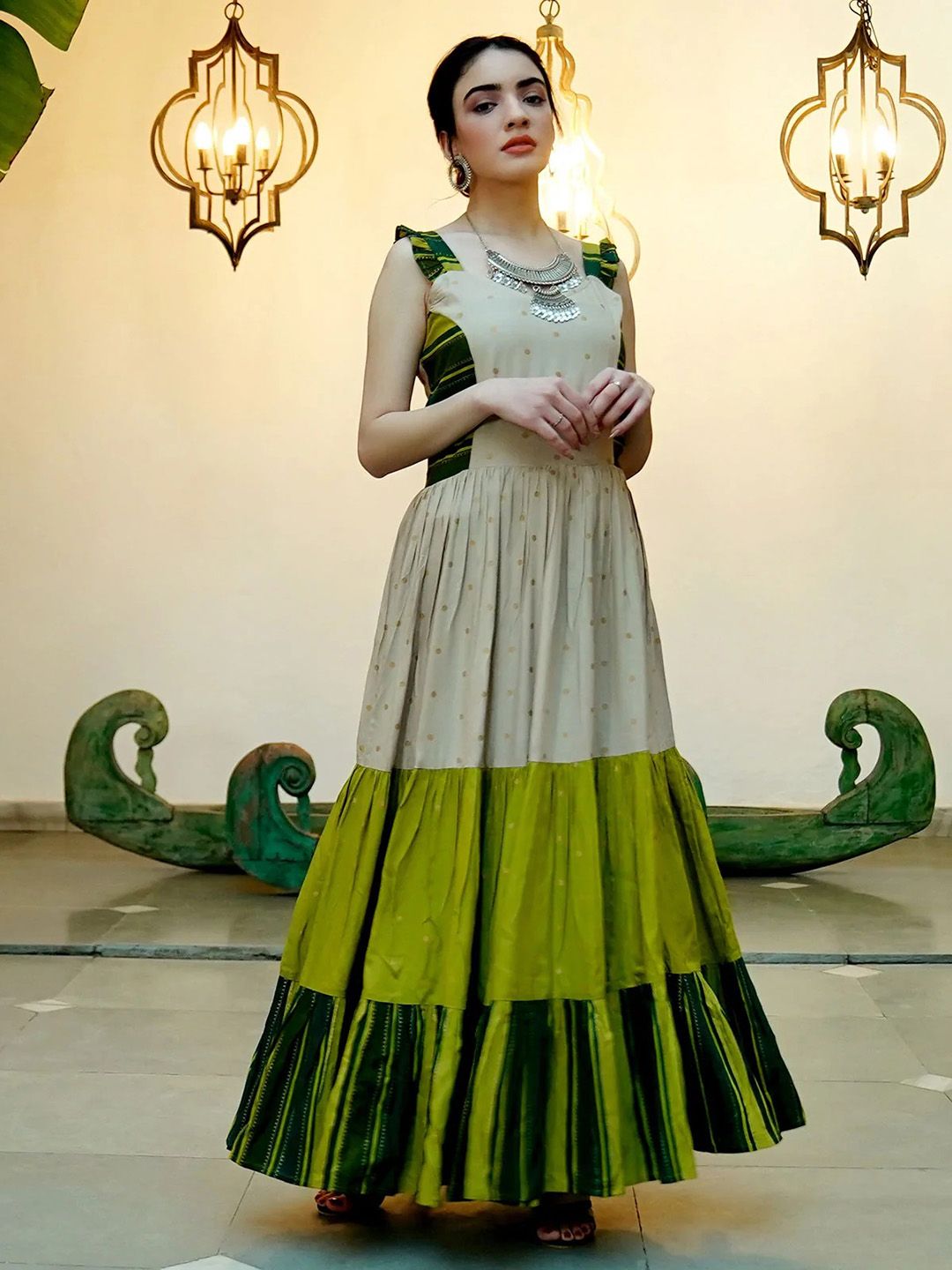 Rustorange Women Beige Colourblocked Maxi Dress Price in India