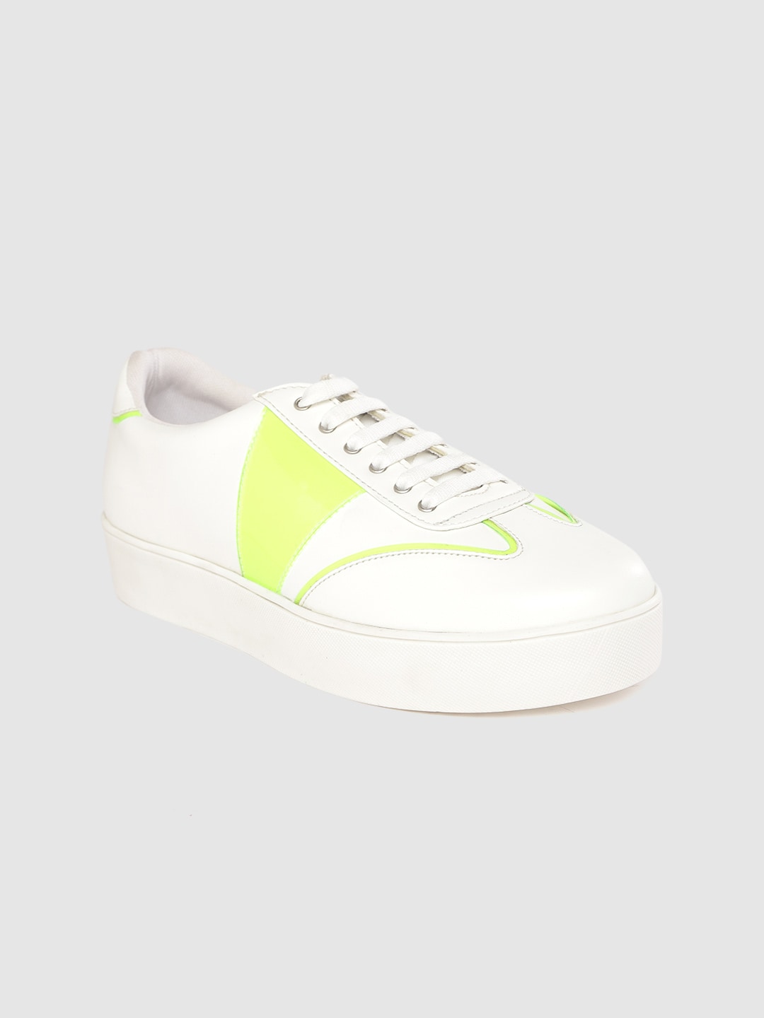 Mast & Harbour Women White & Fluorescent Green Colourblocked Flatform Sneakers Price in India