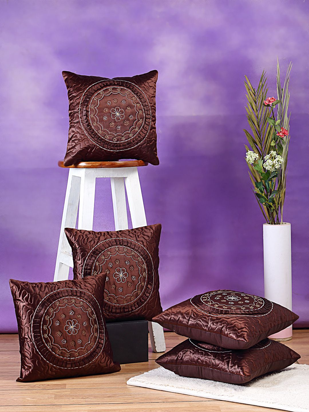 DREAM WEAVERZ Brown & Yellow Set of 5 Embroidered Square Cushion Covers Price in India