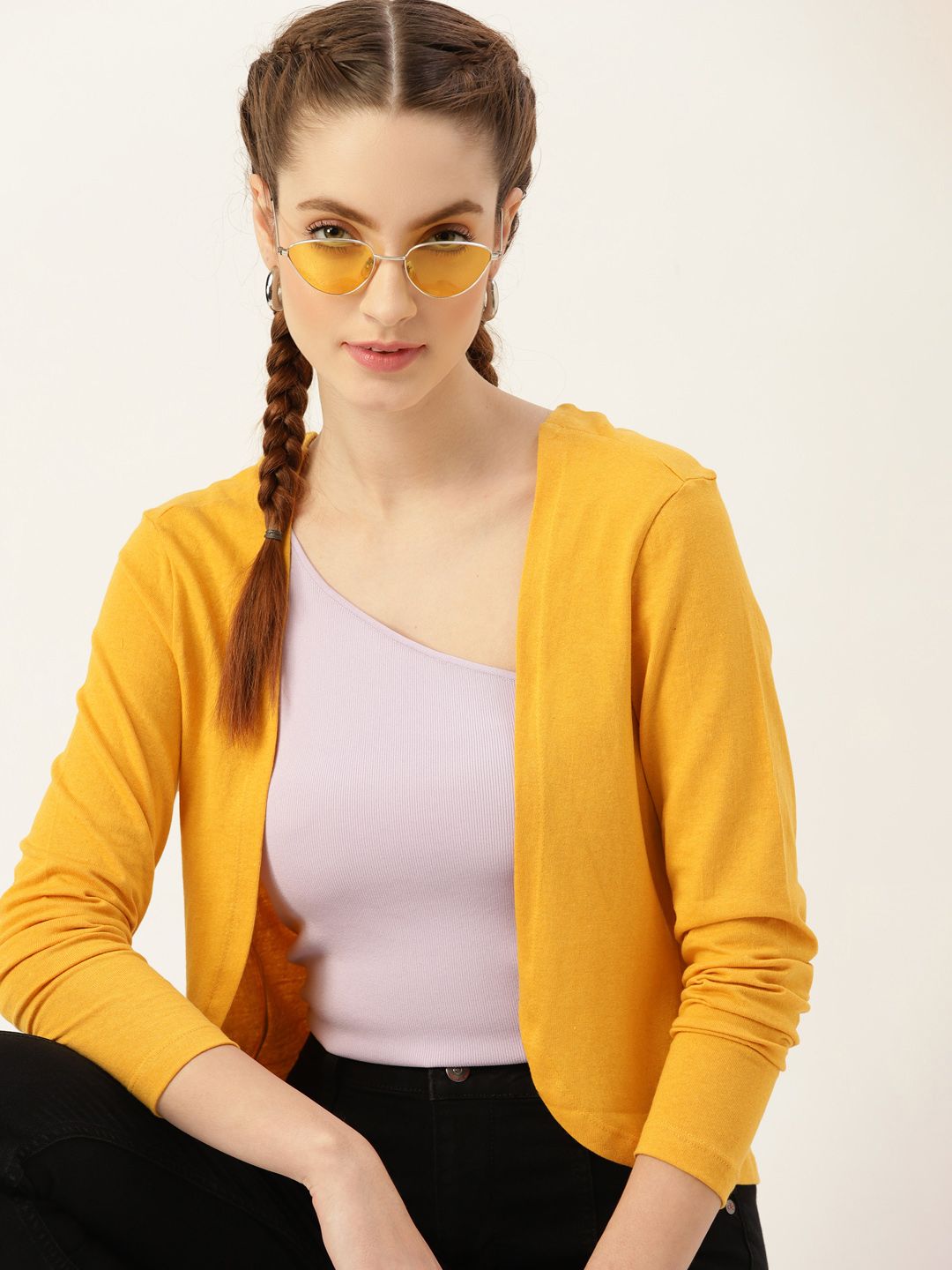 DressBerry Women Yellow Solid Sustainable & Recycled Styled Back Open-Front Shrug Price in India