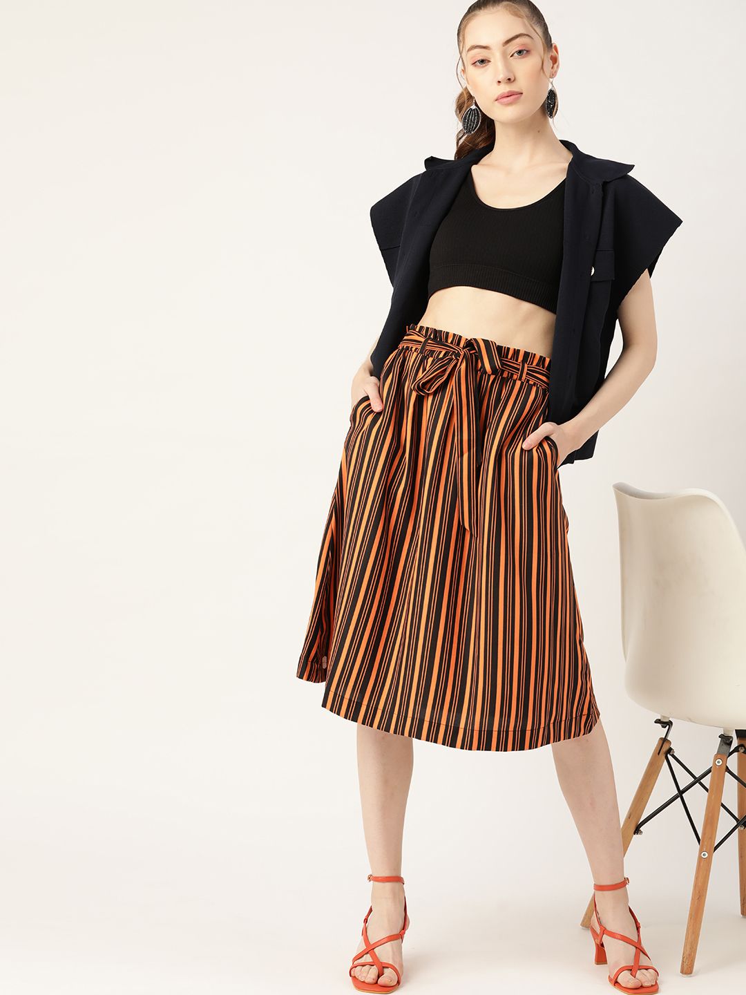 DressBerry Women Rust Orange & Black Striped Flared Midi Skirt