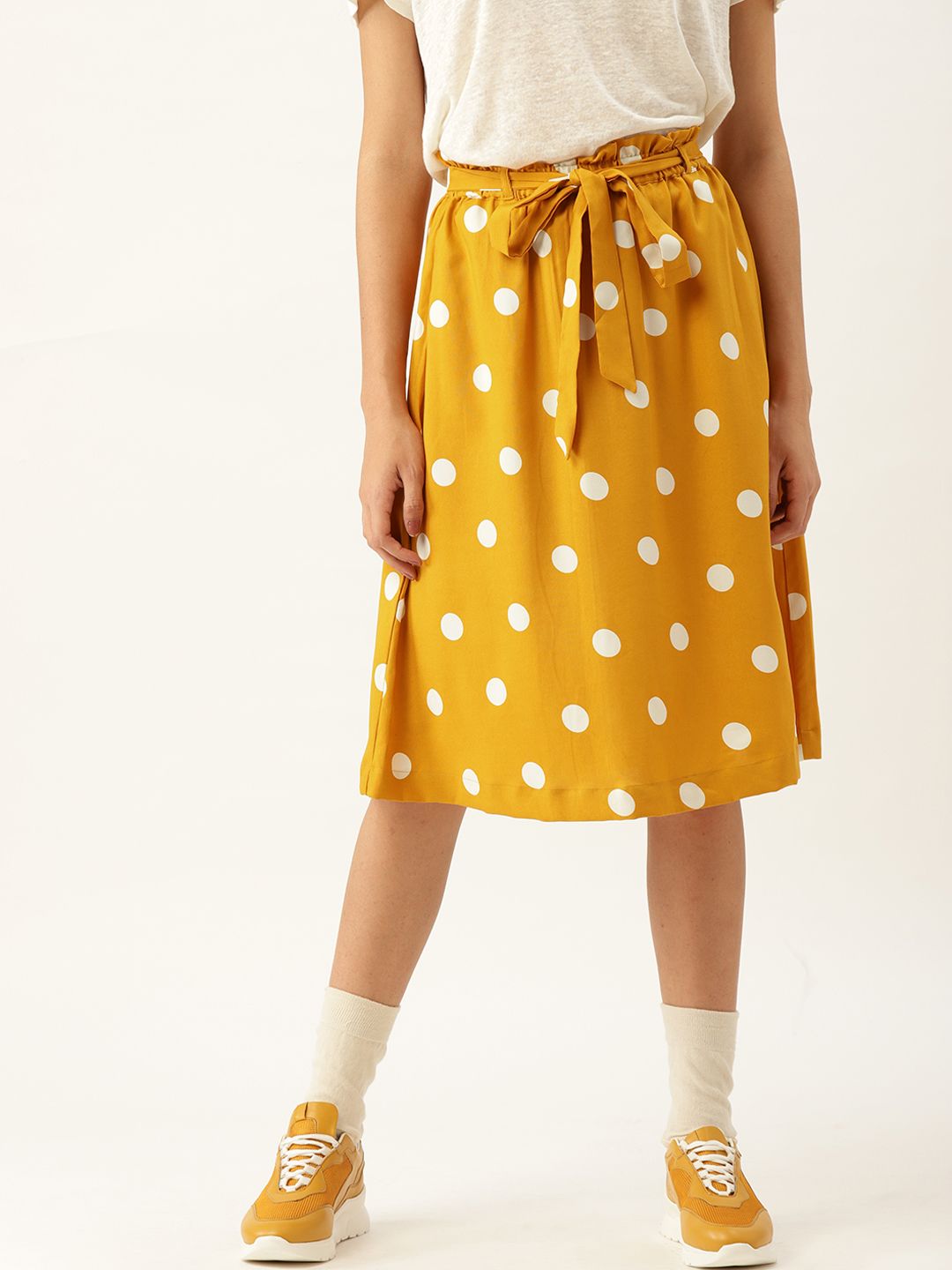 DressBerry Mustard Yellow & White Polka Dot Print A-Line Skirt with Belt