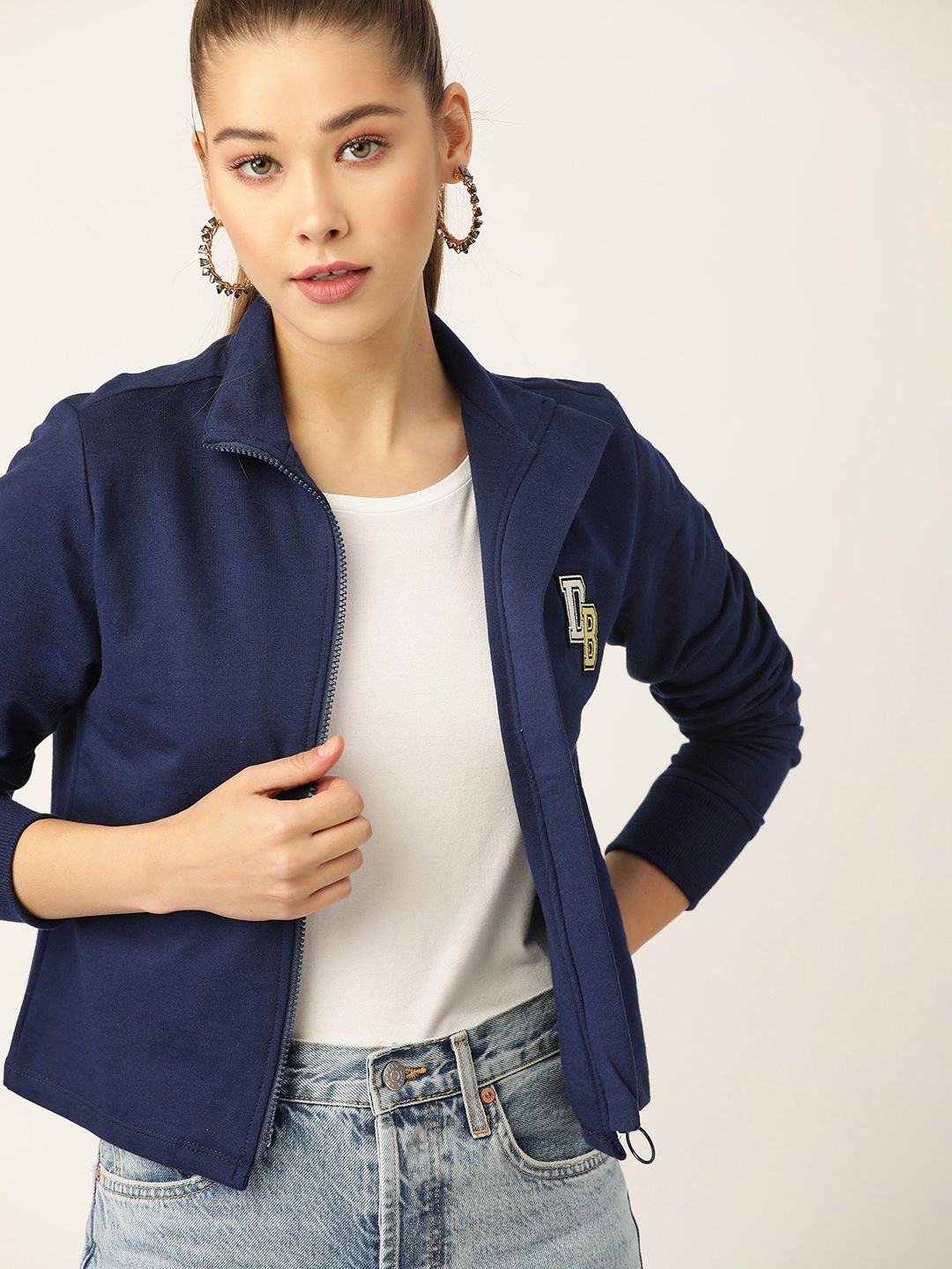 DressBerry Women Navy Blue Solid Sweatshirt with Applique Details Price in India
