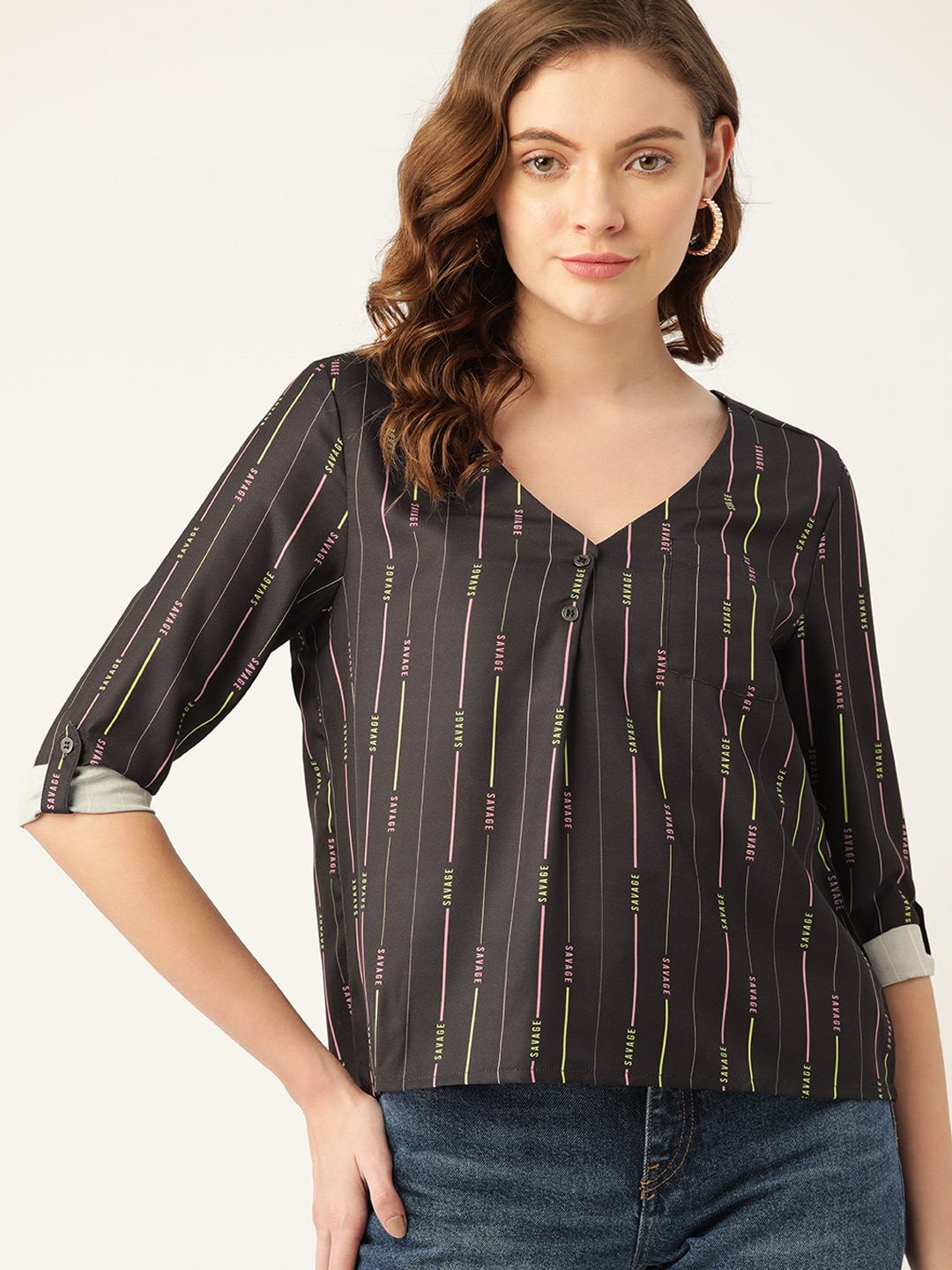 DressBerry Brown & Off White Striped Roll-Up Sleeves Regular Top