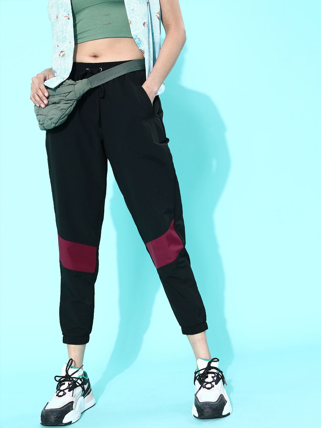 DressBerry Women Stylish Black Colourblocked Cropped Track Pants Price in India