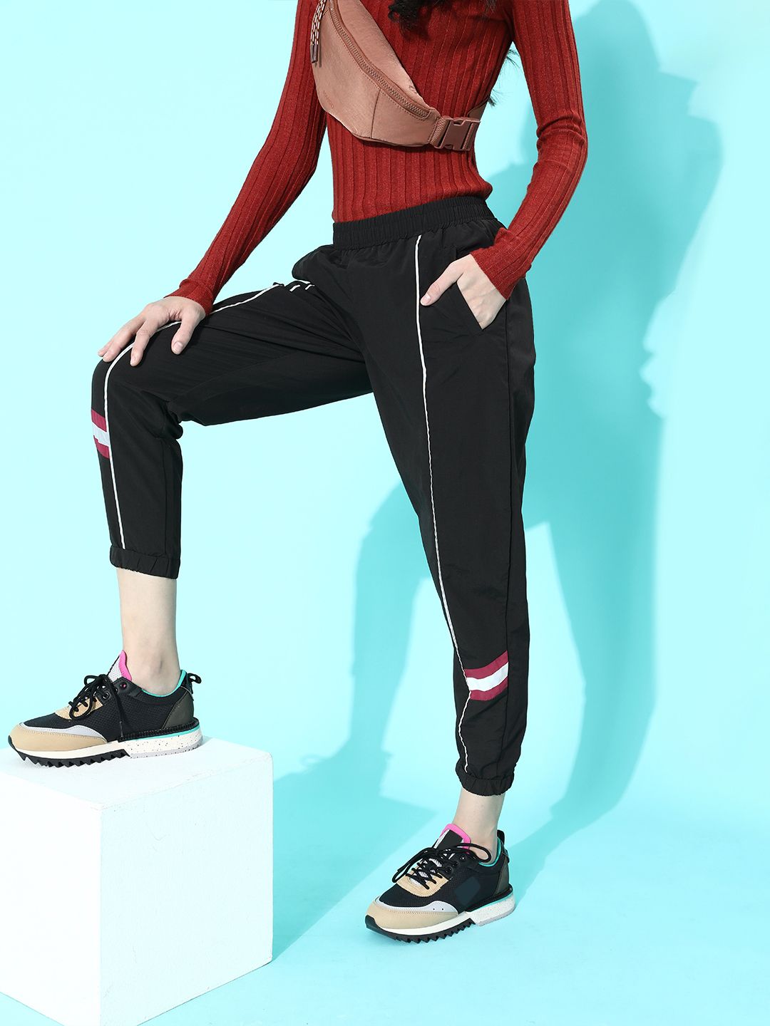 DressBerry Women Black Colourblocked Cropped Track Pants Price in India