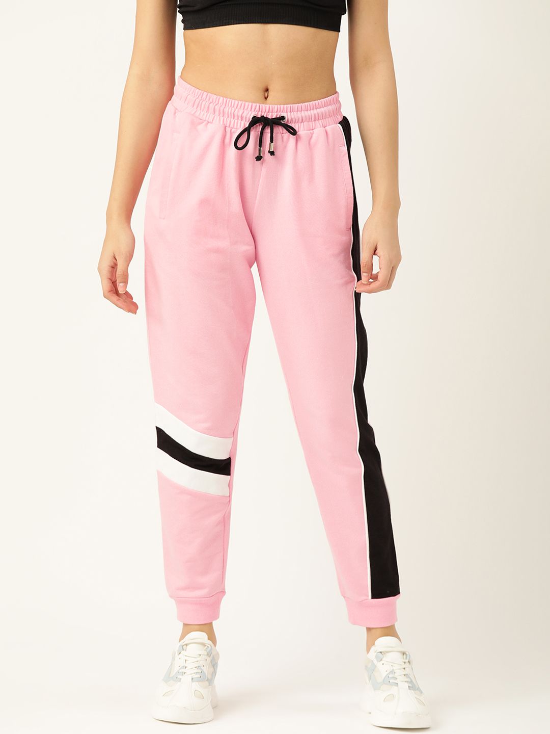 DressBerry Women Pink & Black Printed Detail Joggers Price in India