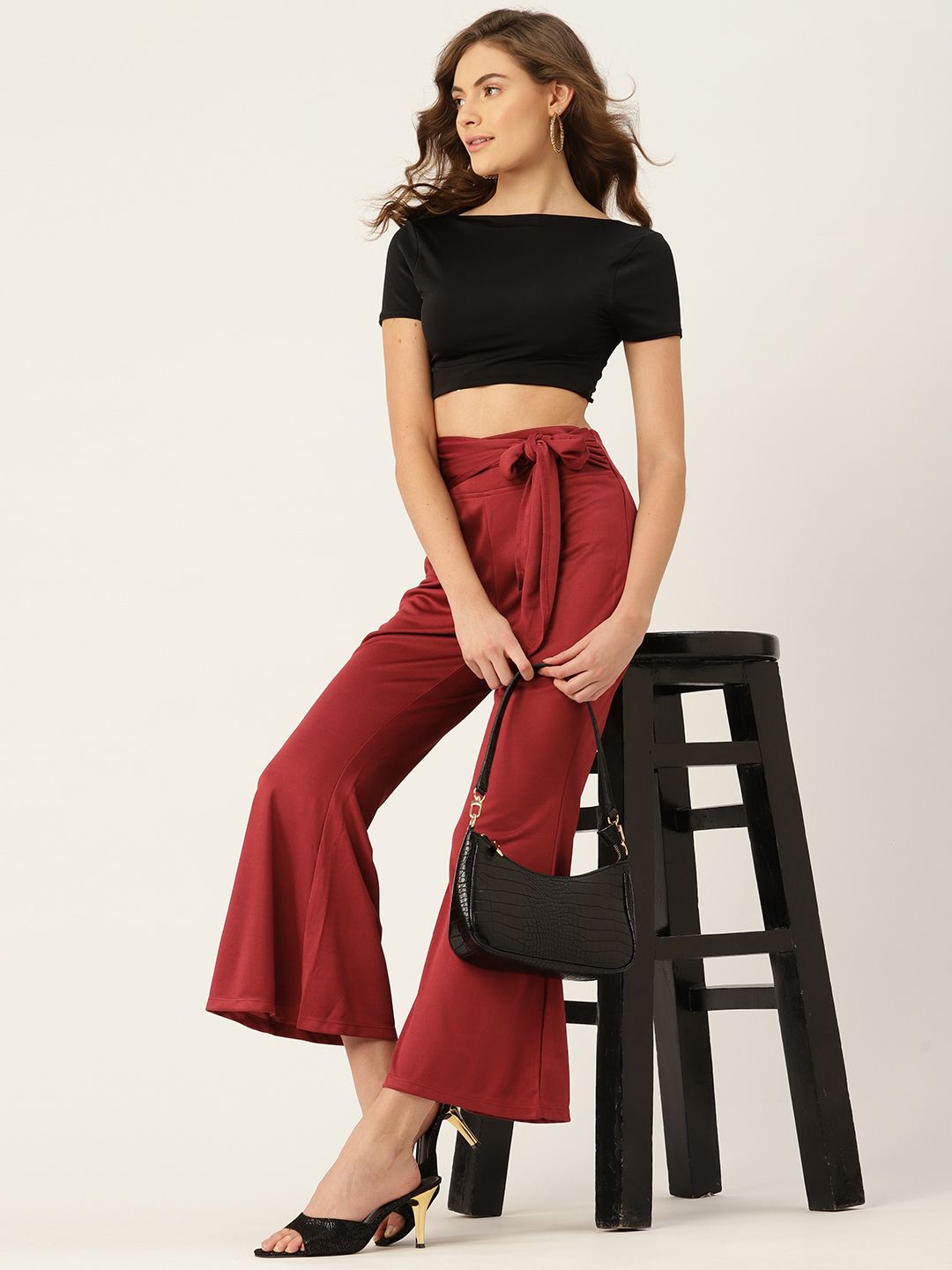 DressBerry Women Rust Bootcut Trousers with Knot Detail Price in India