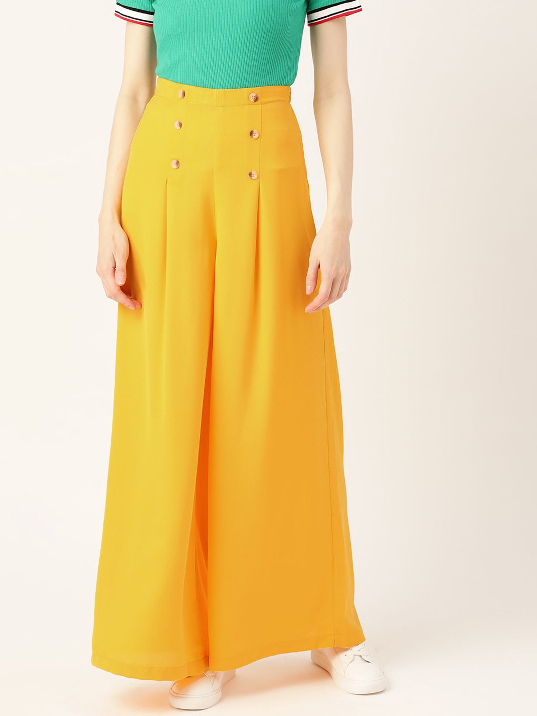 DressBerry Women Mustard Yellow Solid Flared Pleated Parallel Trousers Price in India