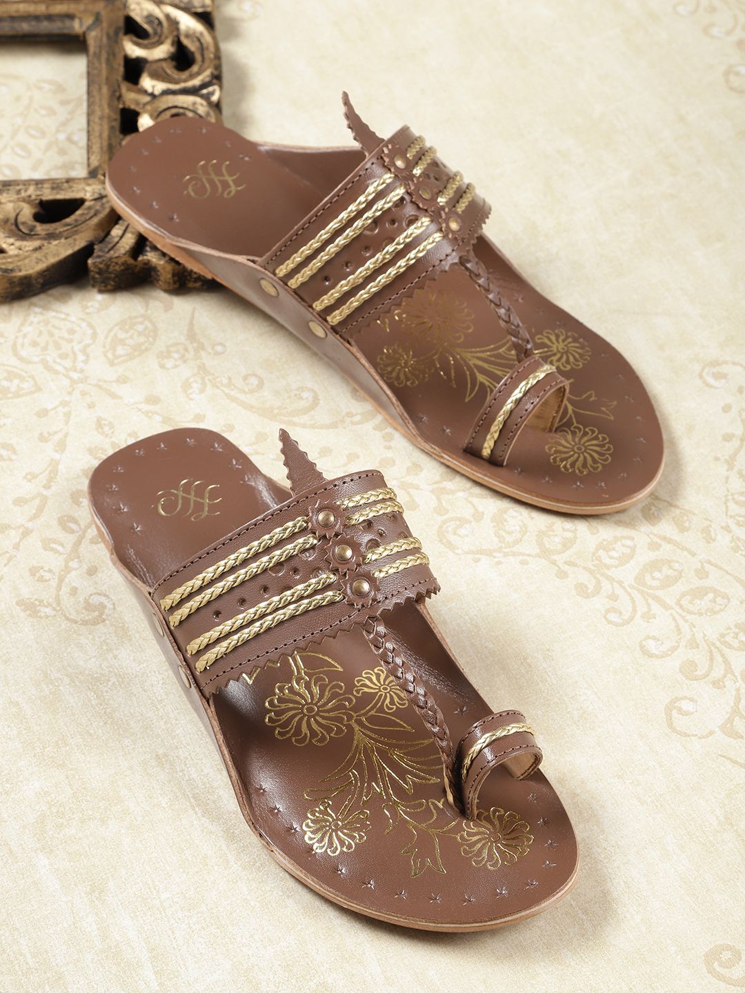 House of Pataudi Women Brown & Gold-Toned Handcrafted Leather Braided One Toe Flats Price in India