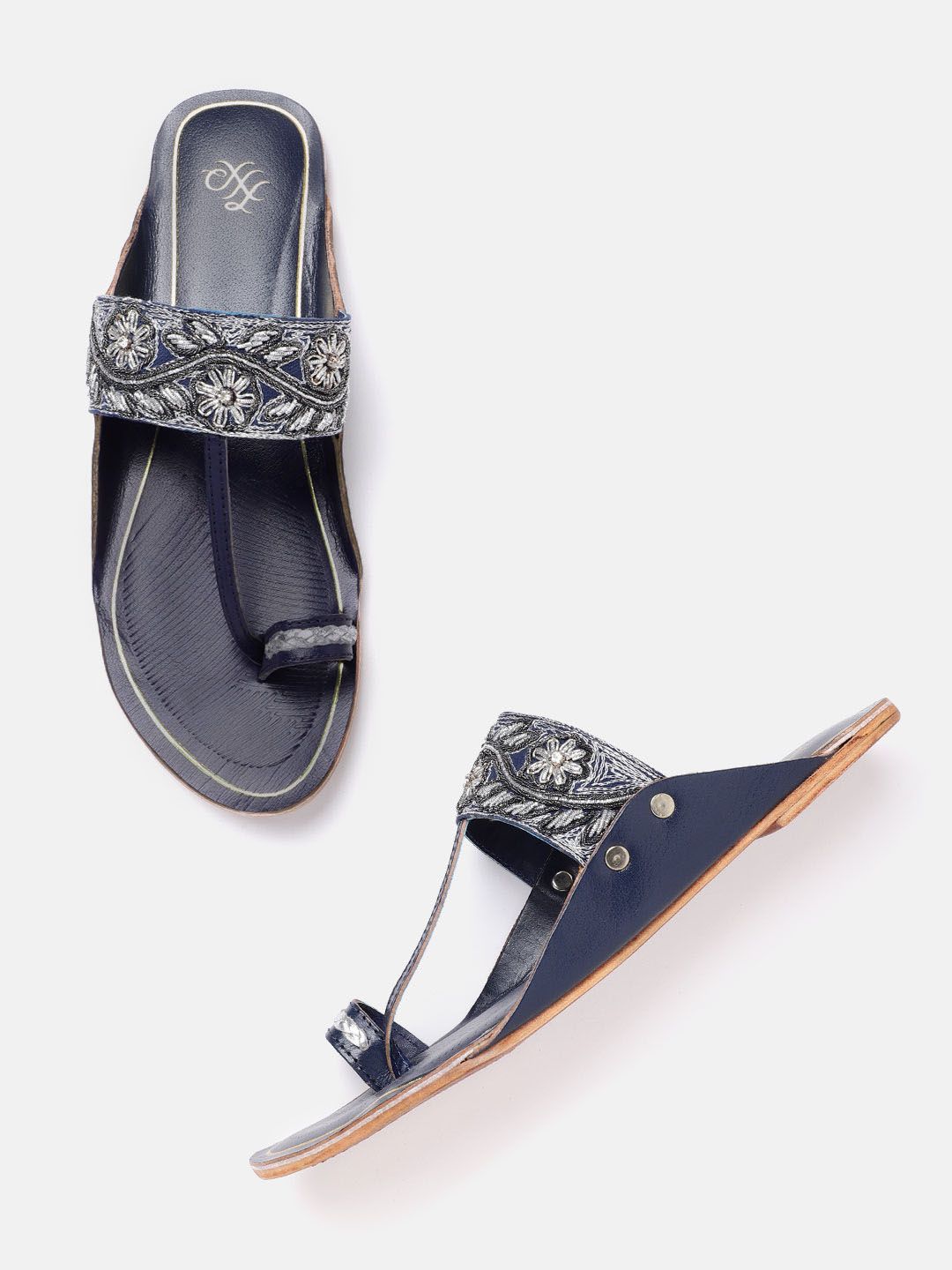 House of Pataudi Women Navy Blue & Silver Embellished Handcrafted One Toe Flats