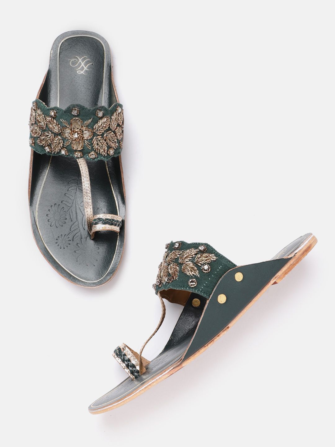 House of Pataudi Women Green & Gold-Toned Embellished Handcrafted One Toe Flats