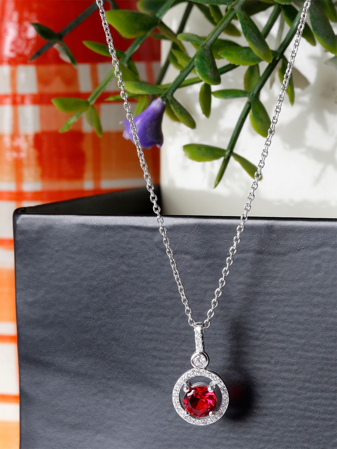 GIVA 925  Sterling Silver Rhodium-Plated Radiant Red Pendant with Link Chain Price in India