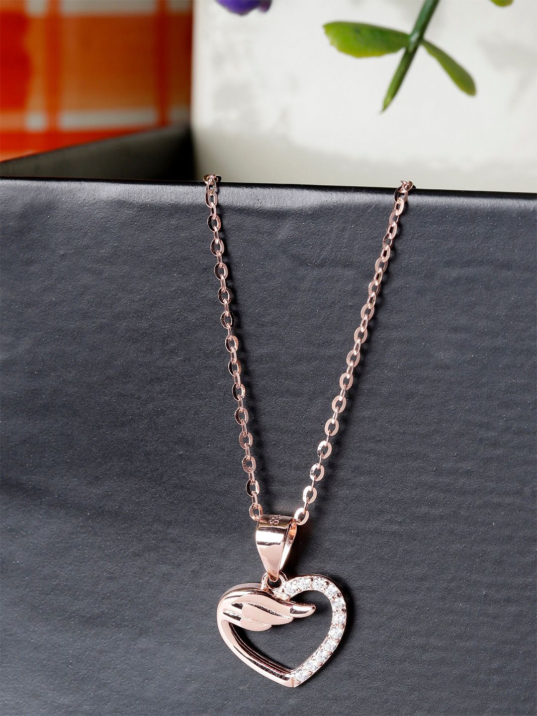 GIVA Rose Gold 925 Sterling Silver Winged Heart Pendant with Link Chain Price in India
