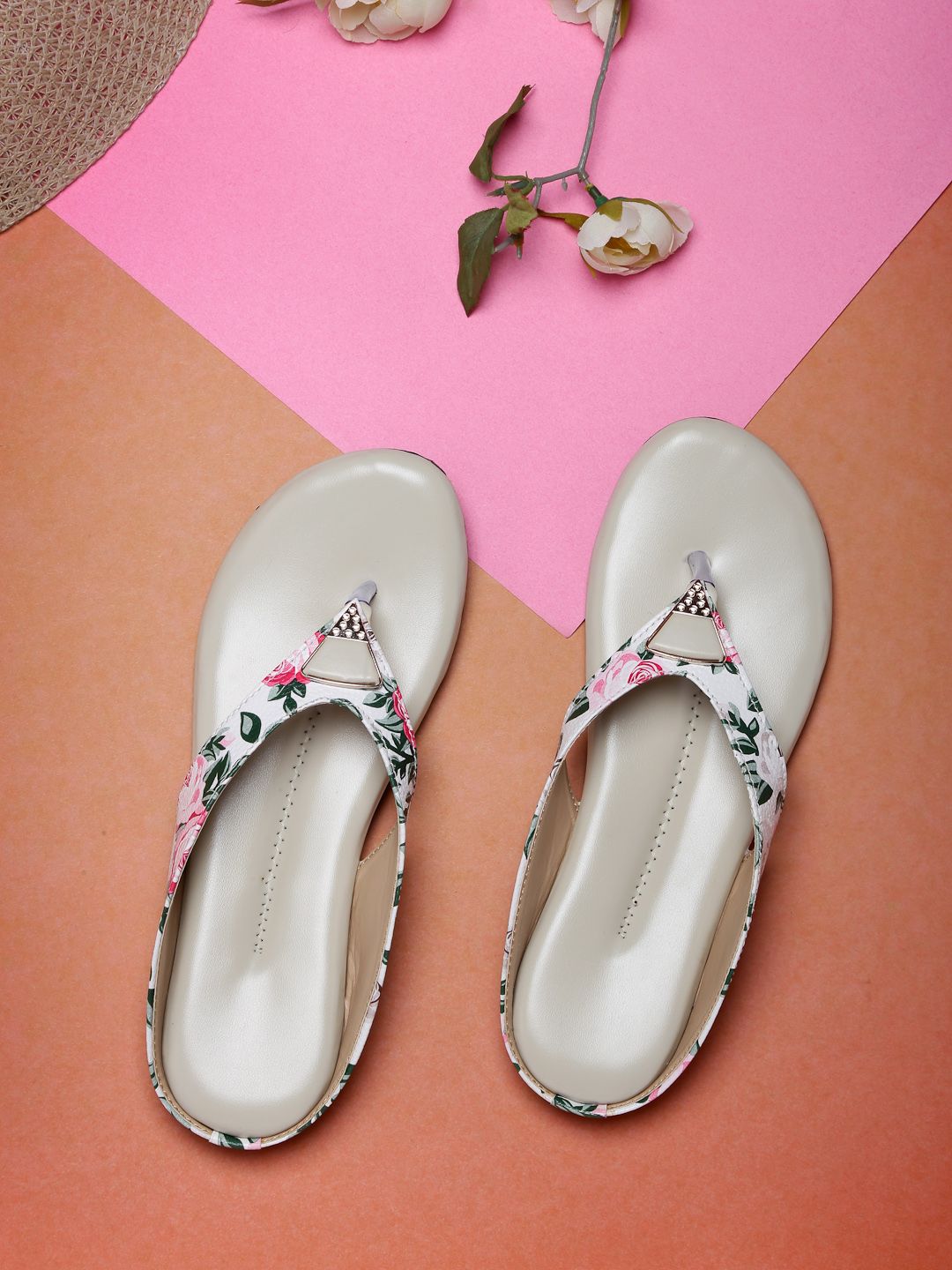 DEAS Women Cream-Coloured Printed Open Toe Flats Price in India