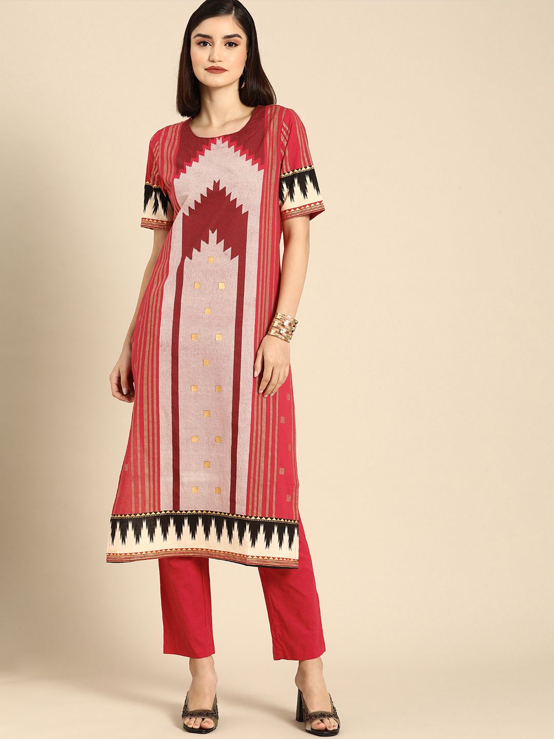 Anouk Women Maroon Printed Regular Pure Cotton Kurta with Pyjamas Price in India