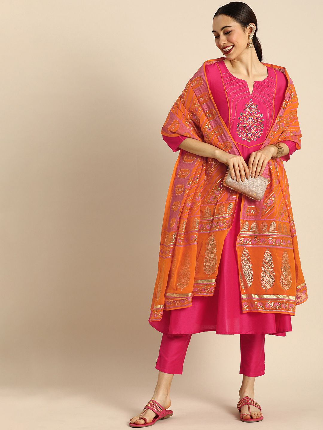 Anouk Women Pink Ethnic Motifs Embroidered Kurta with Trousers & With Dupatta Price in India