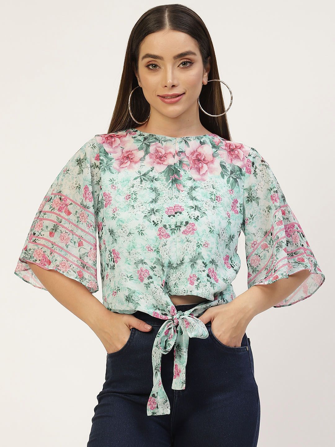 AND Sea Green & Pink Floral Print Crop Top Price in India
