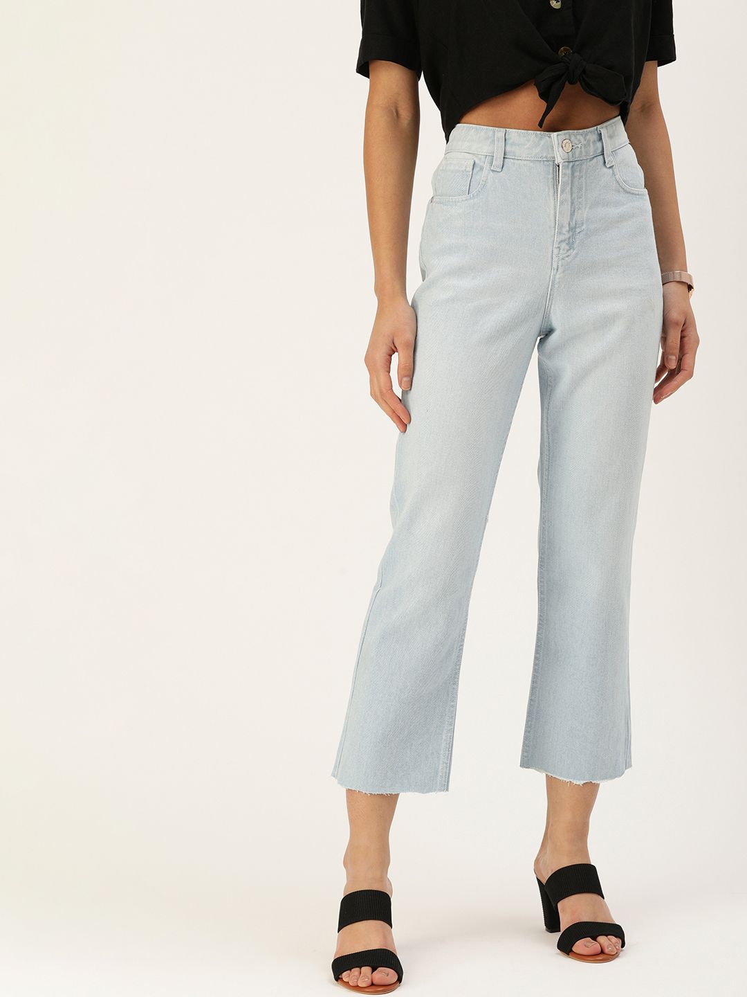 AND Women Blue Solid Straight Fit High Rise Cropped Casual Trousers Price in India