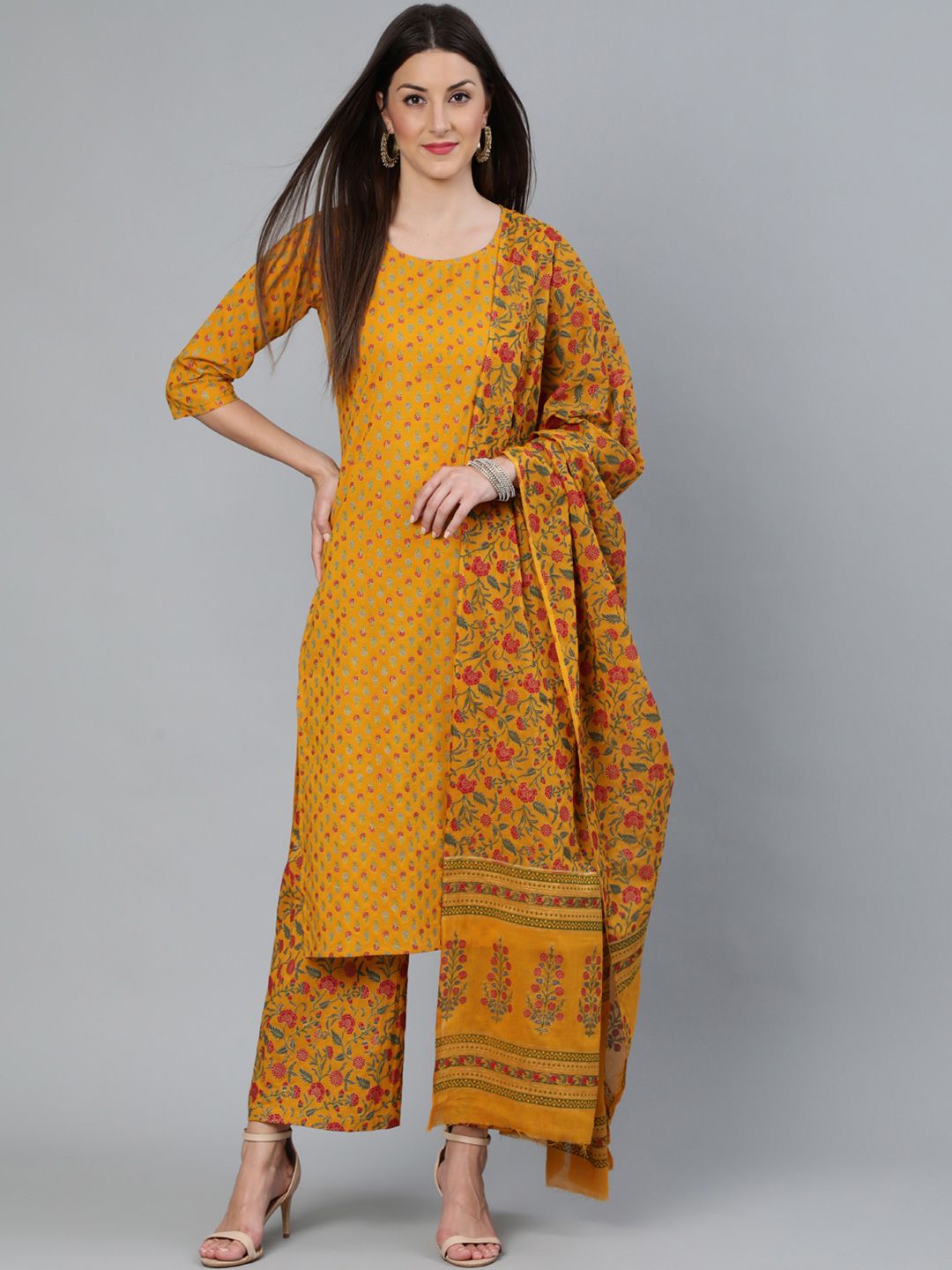 Nayo Women Mustard Printed Straight Kurta With Plazzo  & Dupatta Price in India