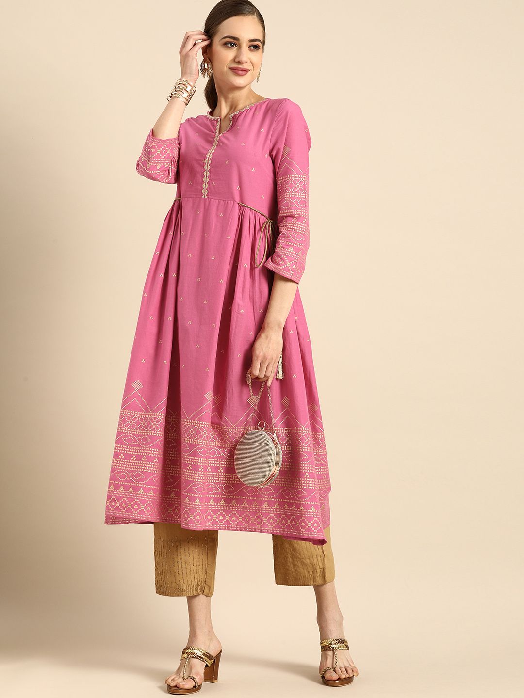 Anouk Women Pink & Gold-Toned Ethnic Motifs Printed Gotta Patti Kurta Price in India