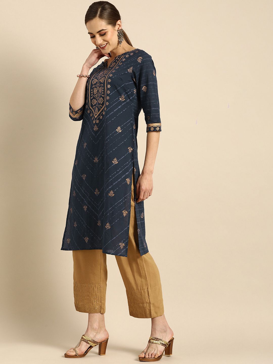 Anouk Women Navy Blue Printed Pure Cotton Kurta