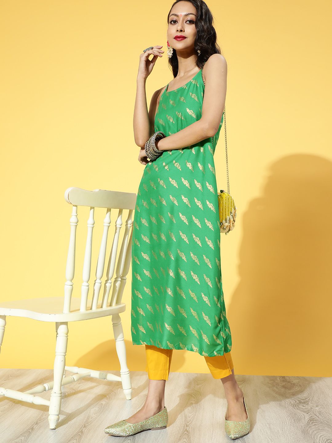 Anouk Women Green & Golden Ethnic Motifs Printed Kurta Price in India