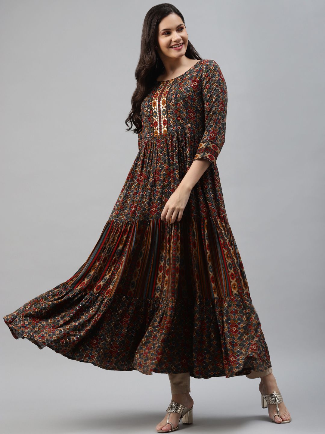 Nehamta Women Navy Blue & Red Ethnic Motifs Printed Kurta Price in India