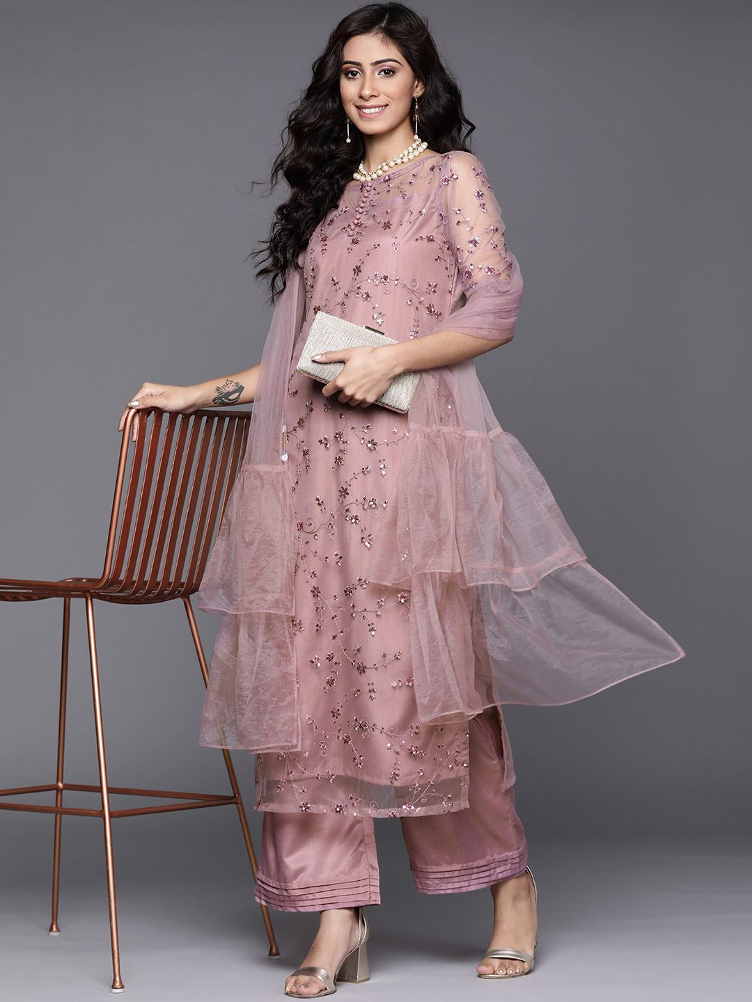Inddus Women Mauve Net Floral Embroidered Sequinned Kurta with Palazzos & Dupatta Price in India