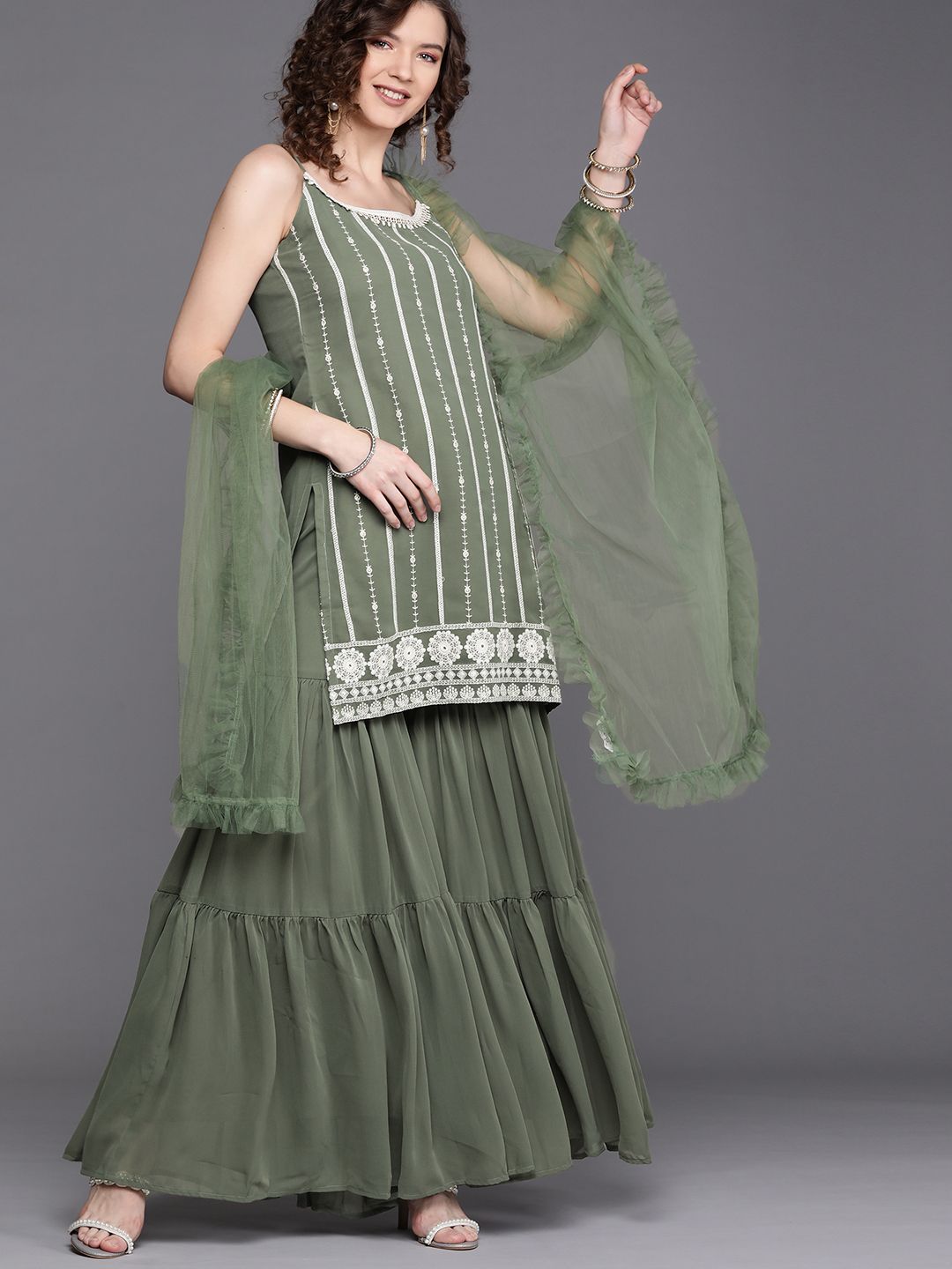 Inddus Women Green & White Striped Embroidered Sequinned Kurta with Sharara & Dupatta Price in India