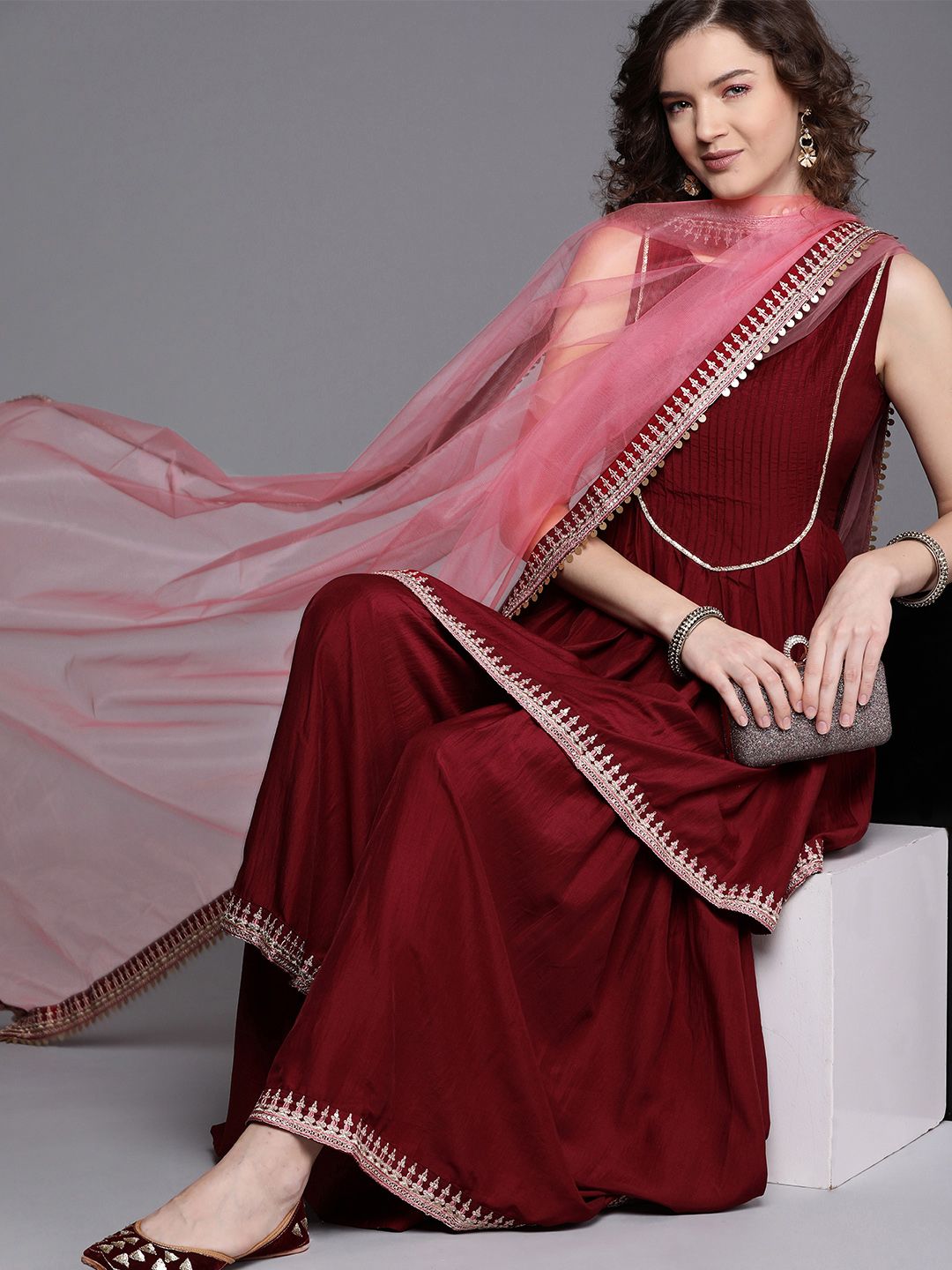 Inddus Women Maroon Yoke Design Pleated Gotta Patti Kurta with Sharara & Dupatta Price in India