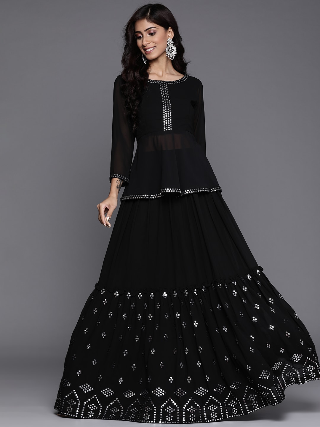 Inddus Women Black & Silver-Toned Top with Skirt Price in India