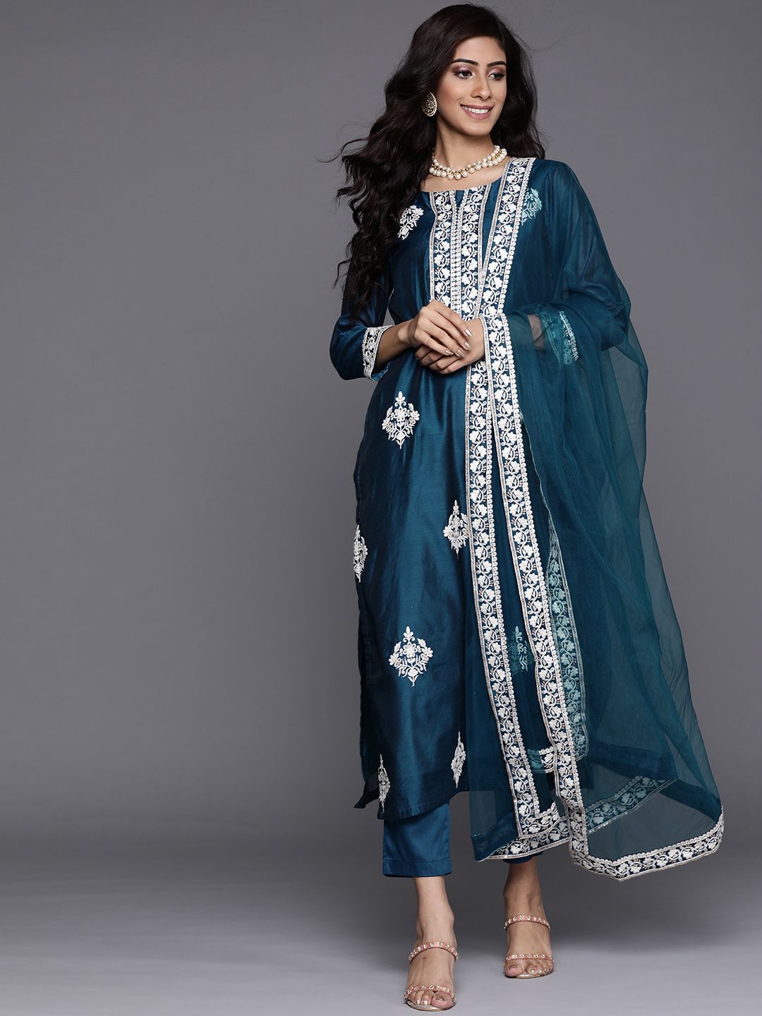 Inddus Women Teal Green & White Motifs Embroidered Sequinned Kurta with Trousers & Dupatta Price in India