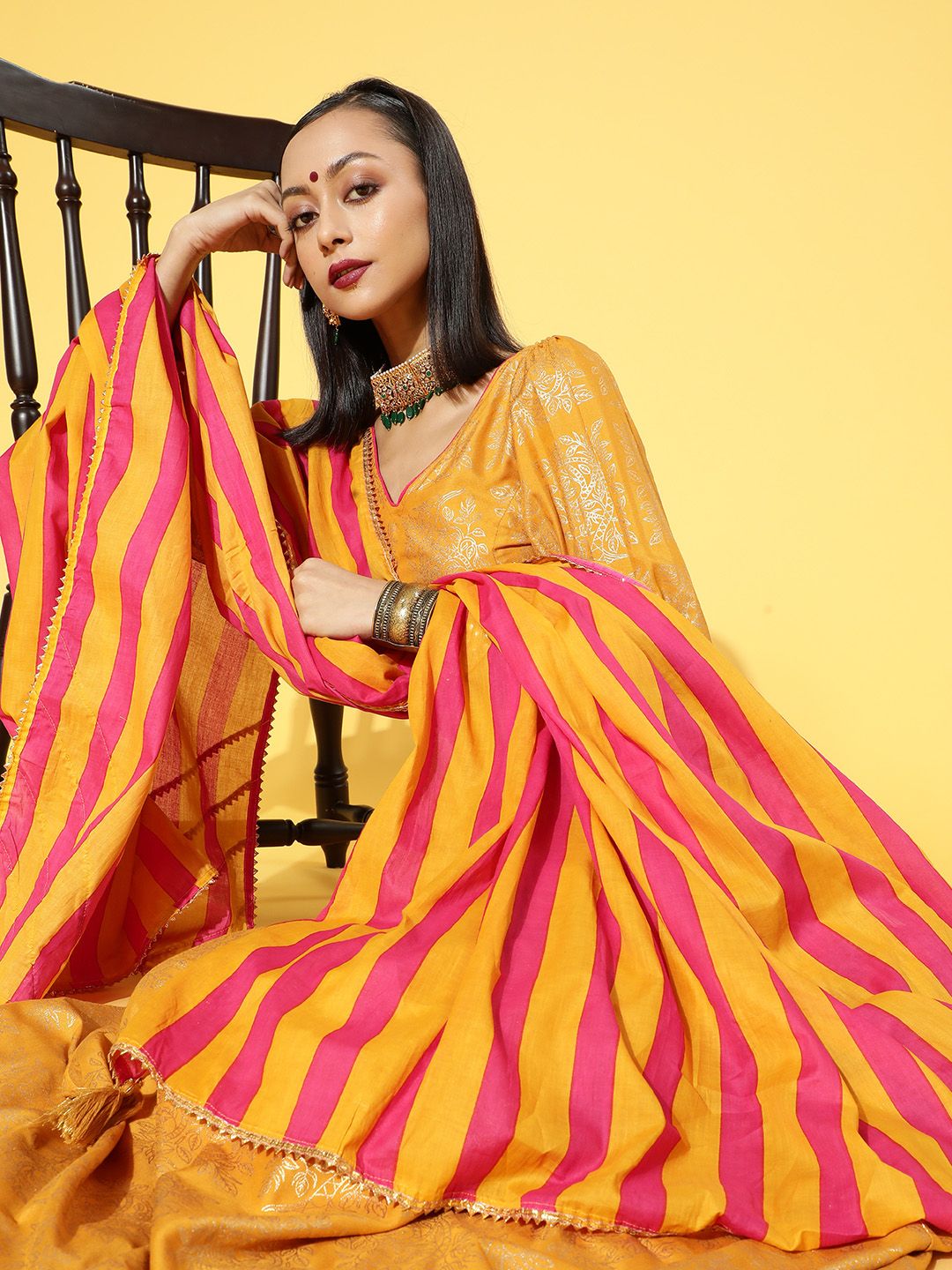 Anouk Mustard Yellow & Pink Printed Ready to Wear Lehenga & Blouse With Dupatta Price in India