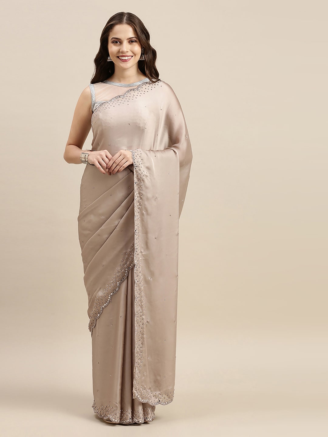 Soch Beige Embellished Beads and Stones Pure Crepe Saree Price in India