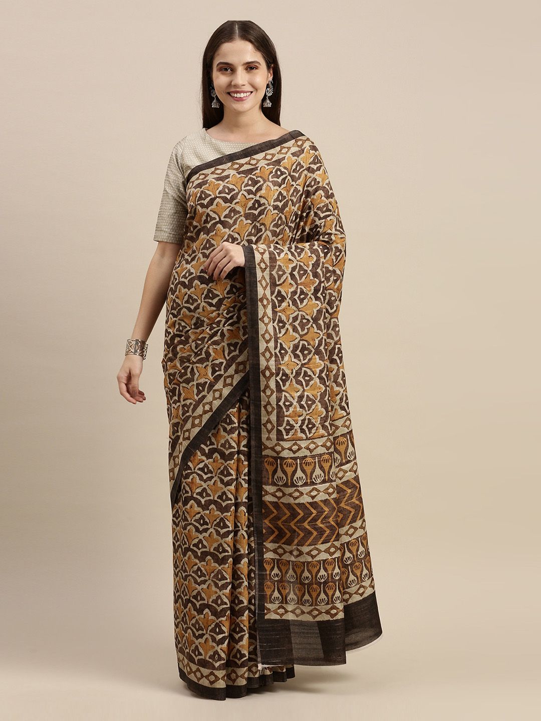 Soch Brown Silk Blend Printed Saree Price in India