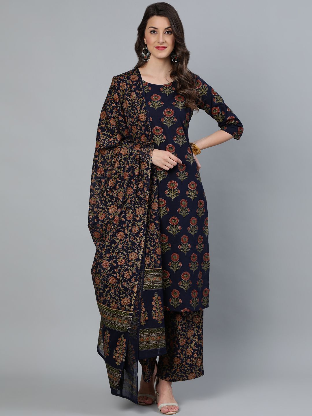 Nayo Women Blue Floral Pure Cotton Kurta with Trousers & With Dupatta Price in India