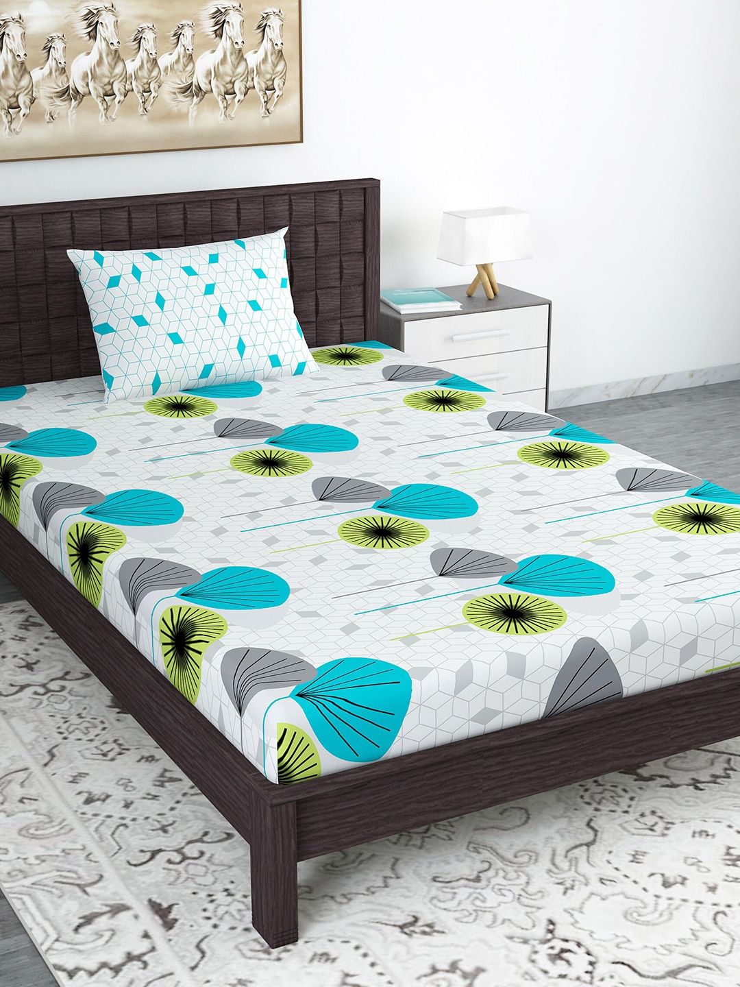 Divine Casa White & Green Geometric 144 TC Cotton 1 Single Bedsheet with 1 Pillow Covers Price in India