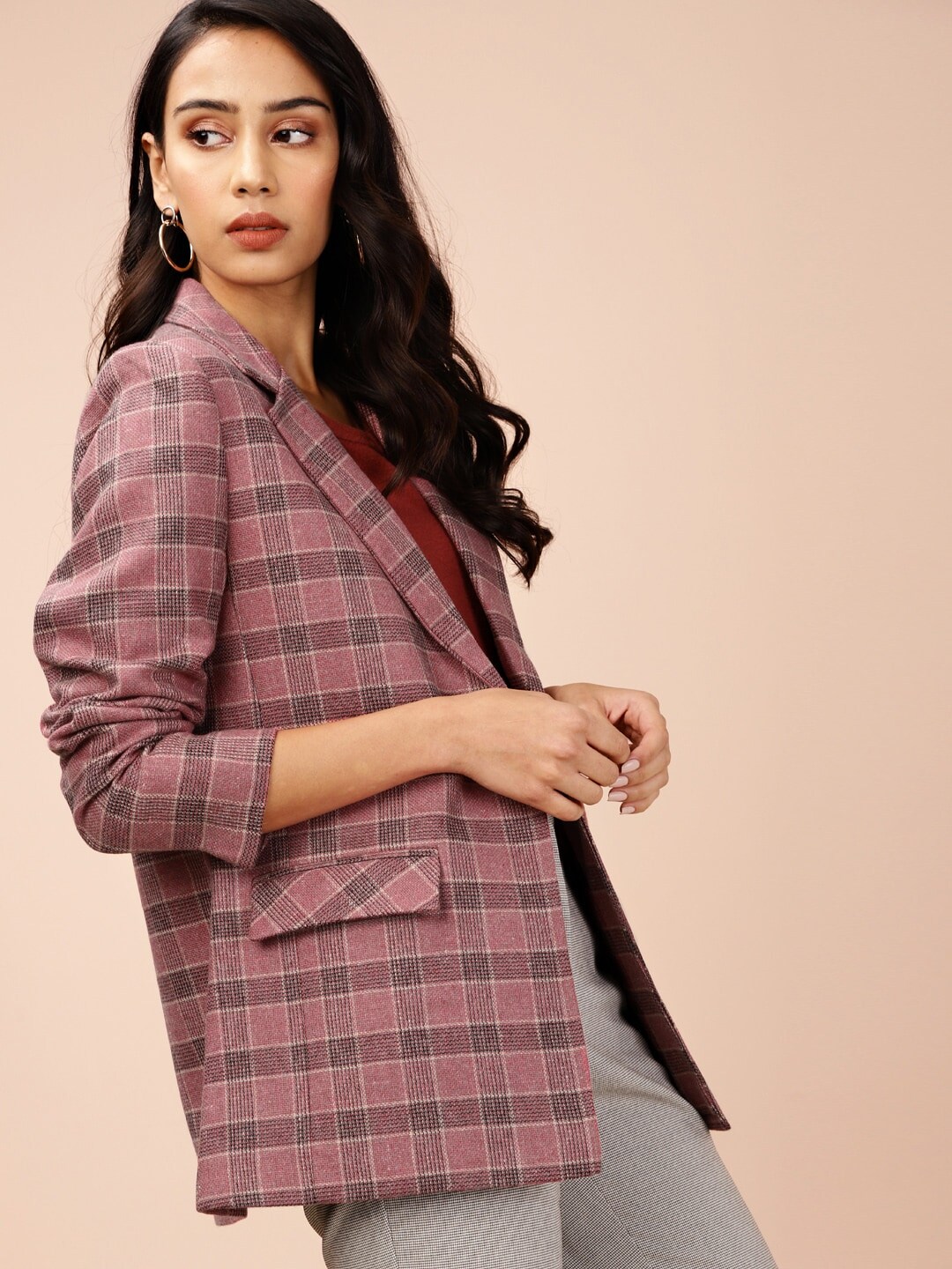 all about you Women Pink & Grey Single-Breasted Checked Casual Blazer Price in India