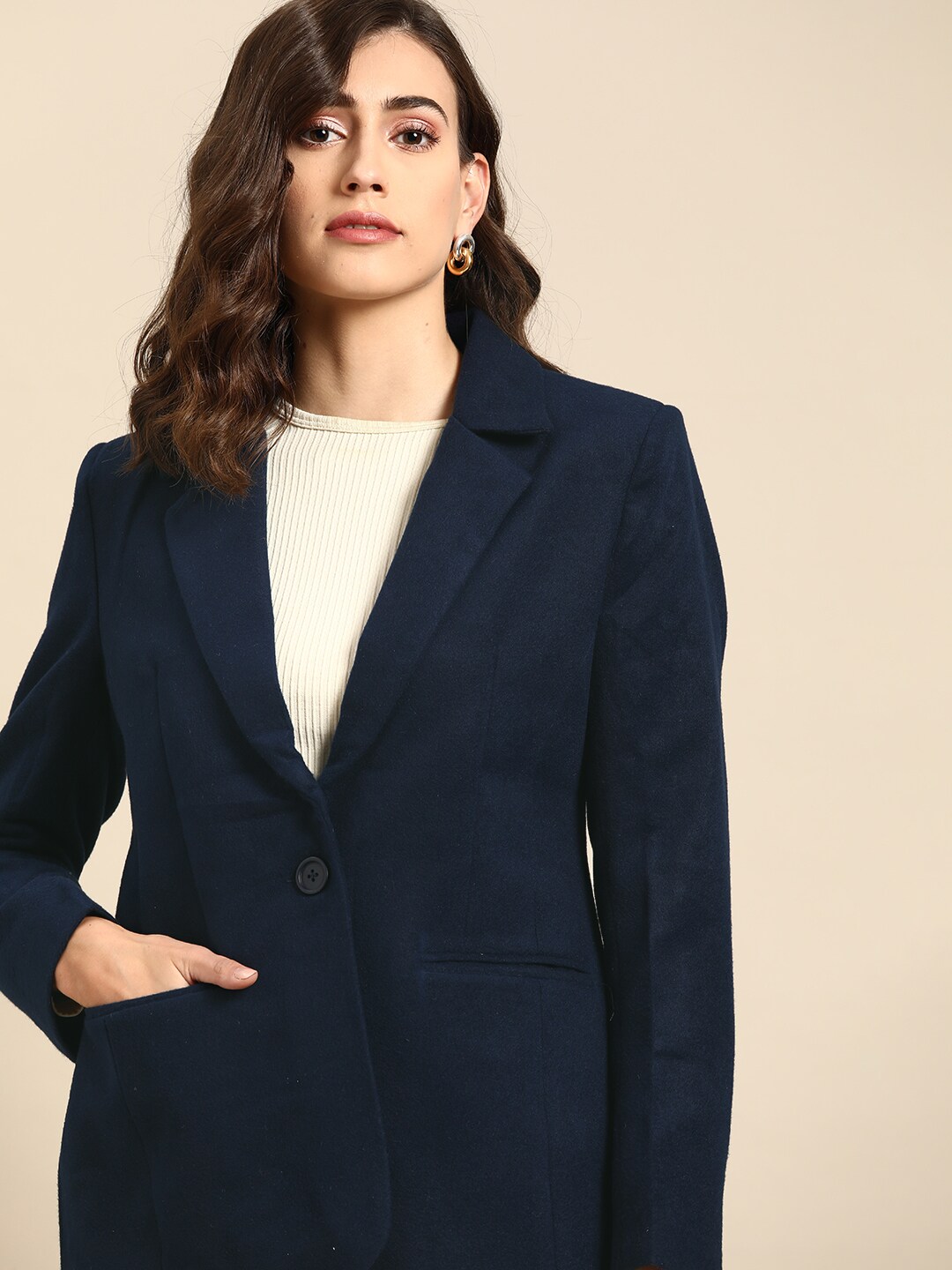 all about you Women Navy Blue Solid Single-Breasted Blazer Price in India