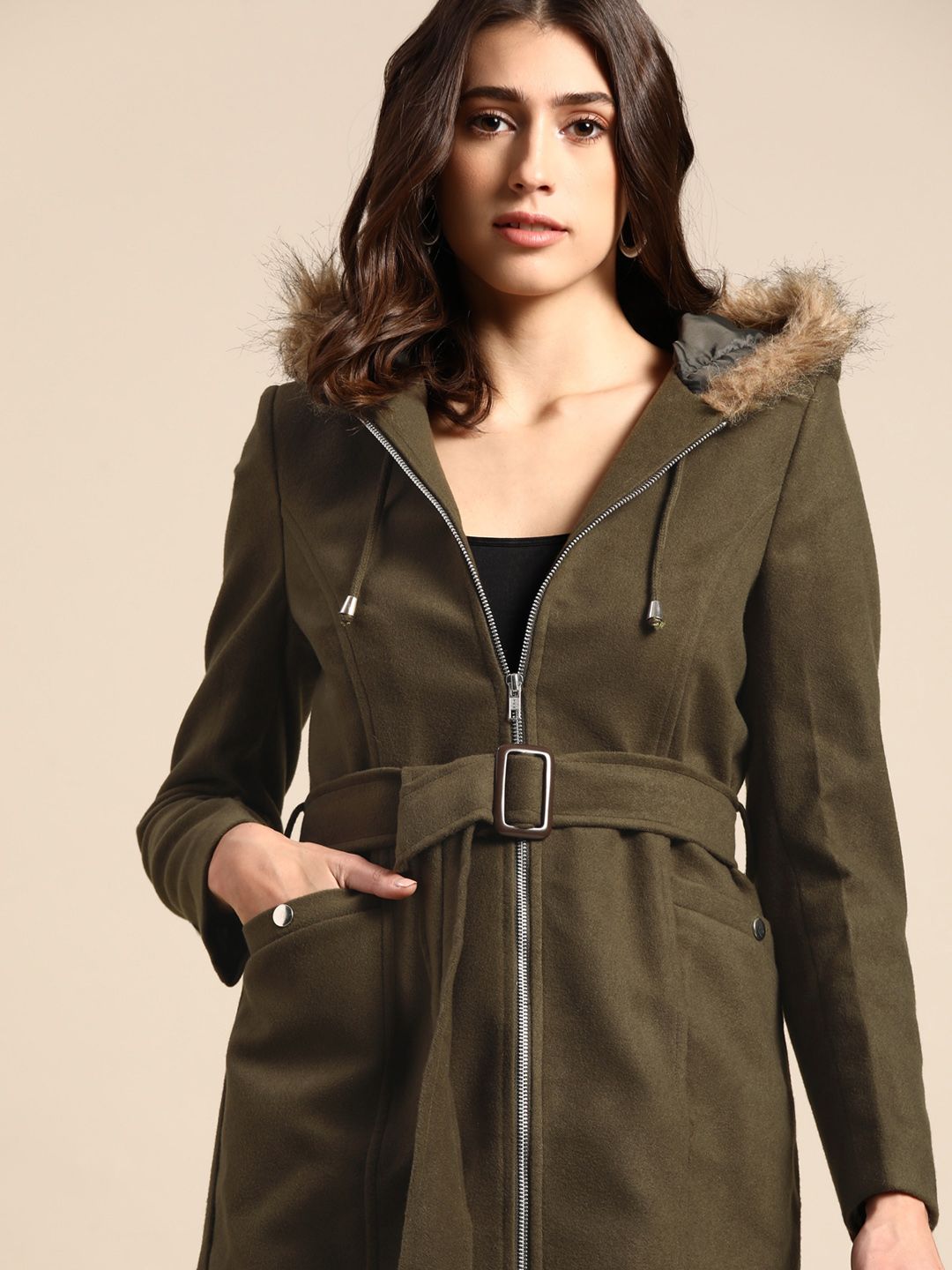 Olive green womens cheap coat with fur hood