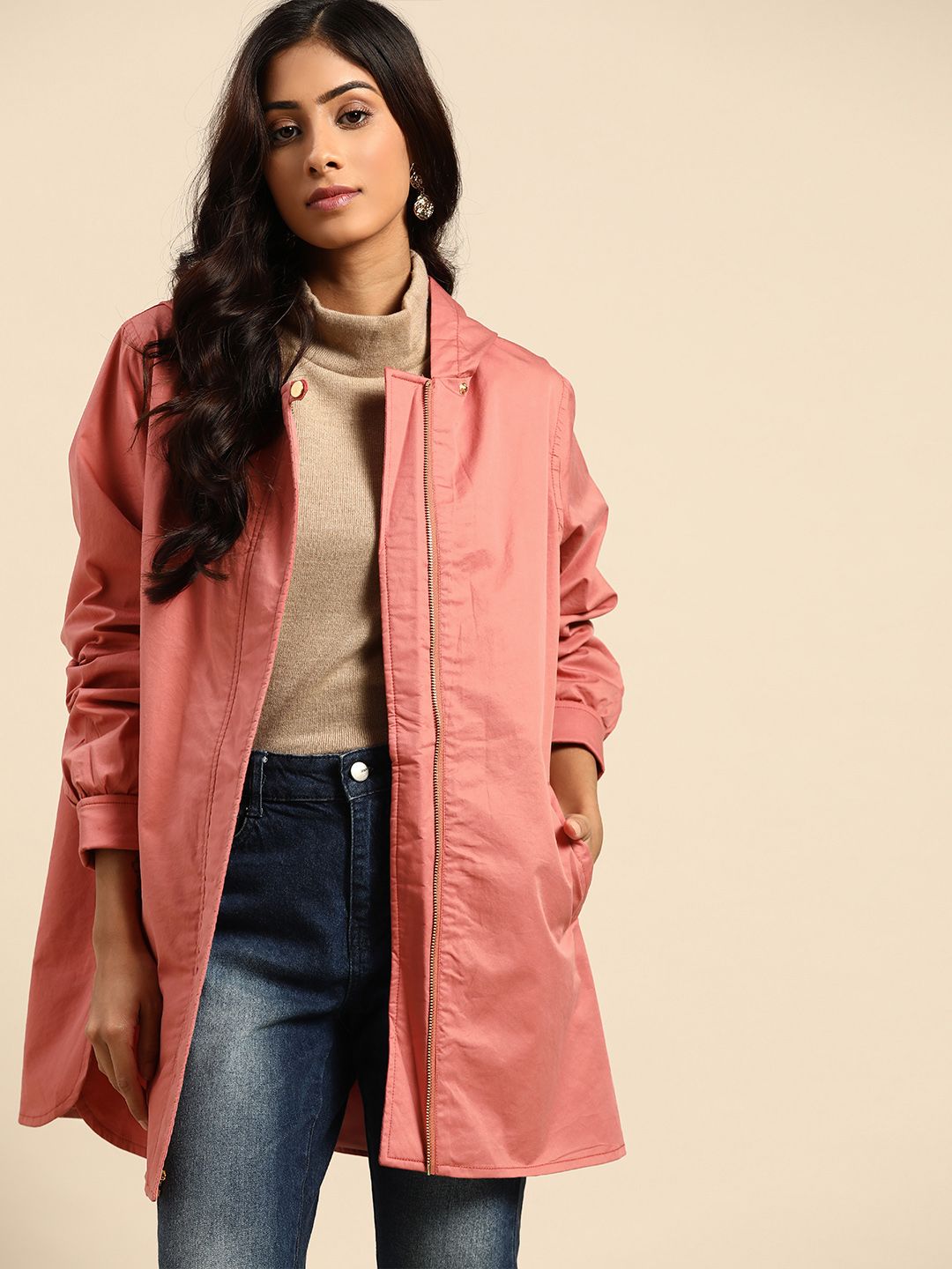 all about you Women Pink Cotton Hooded Longline Tailored Jacket Price in India