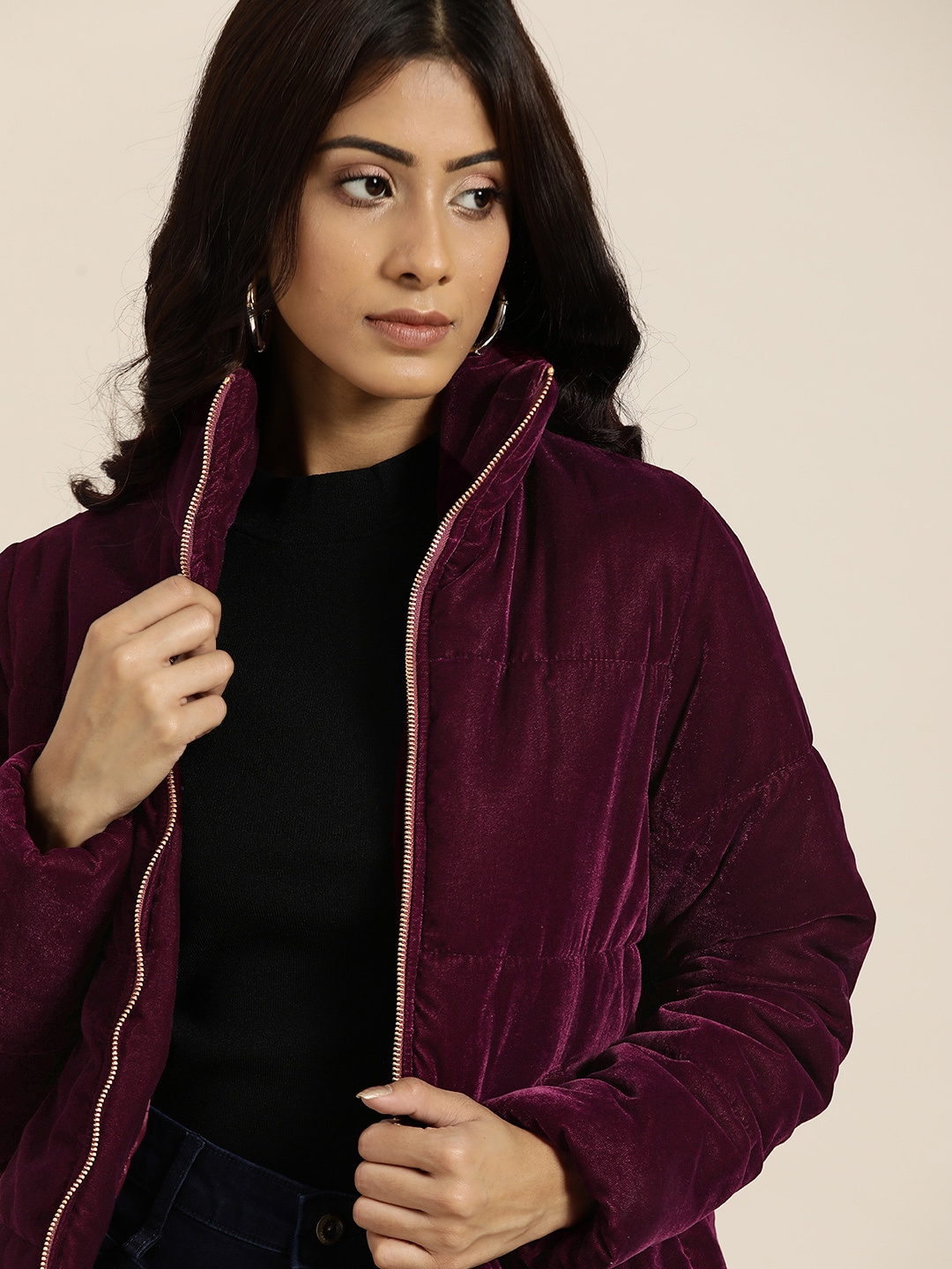 all about you Women Burgundy Solid Velvet Jacket Price in India