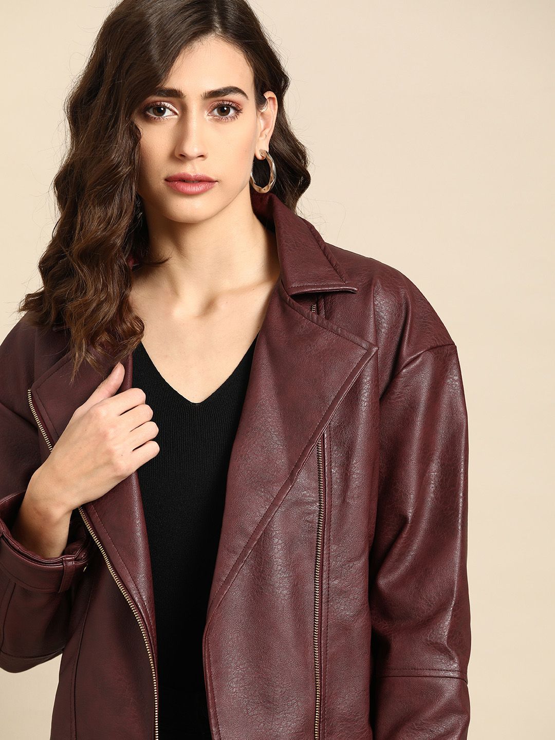 all about you Women Burgundy Solid Biker Jacket Price in India