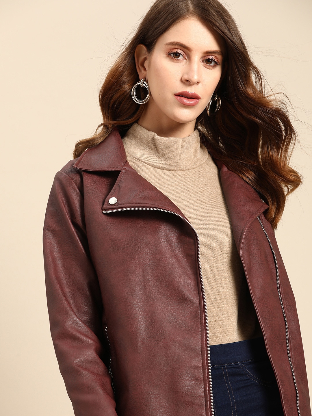 all about you Women Deep Burgundy Solid Biker Jacket Price in India