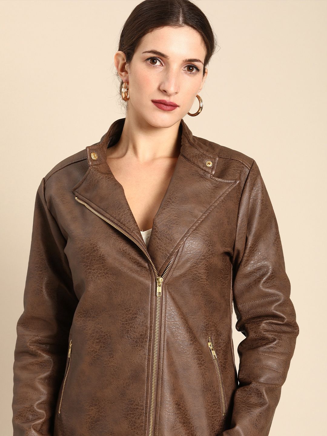 all about you Women Brown Solid Lapel Collar Biker Jacket Price in India